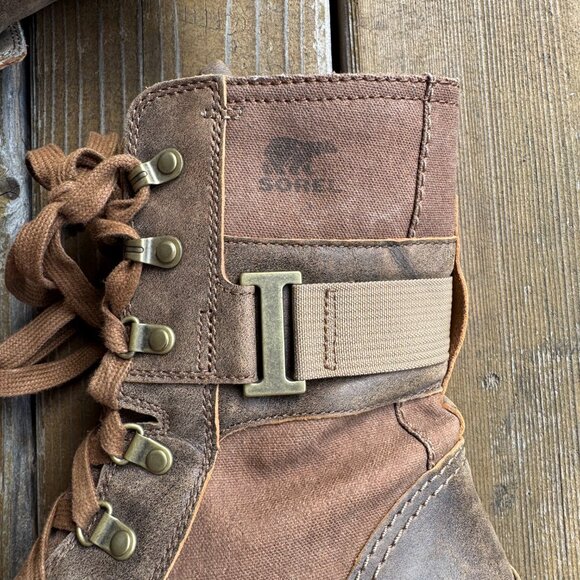 Sorel Major Carly Brown Leather & Canvas Lace Up Side Zip Combat Boots Womens 9 - Picture 5 of 15